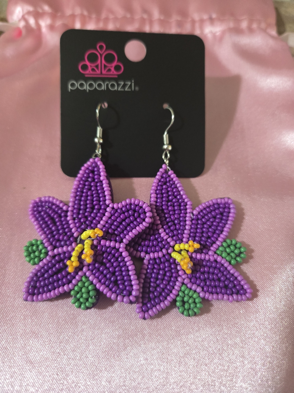 Paparazzi Purple Beaded Floral Drop Earrings with Green and Yellow Accents